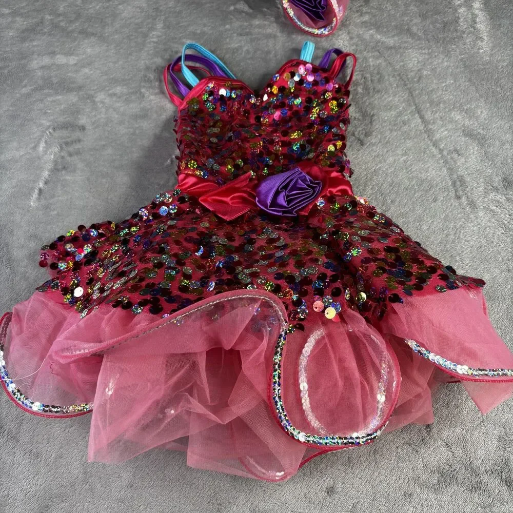 Weissman Dance Costume Girls XS Pink Sequin Tutu Dress Rainbow Straps Headpiece‎